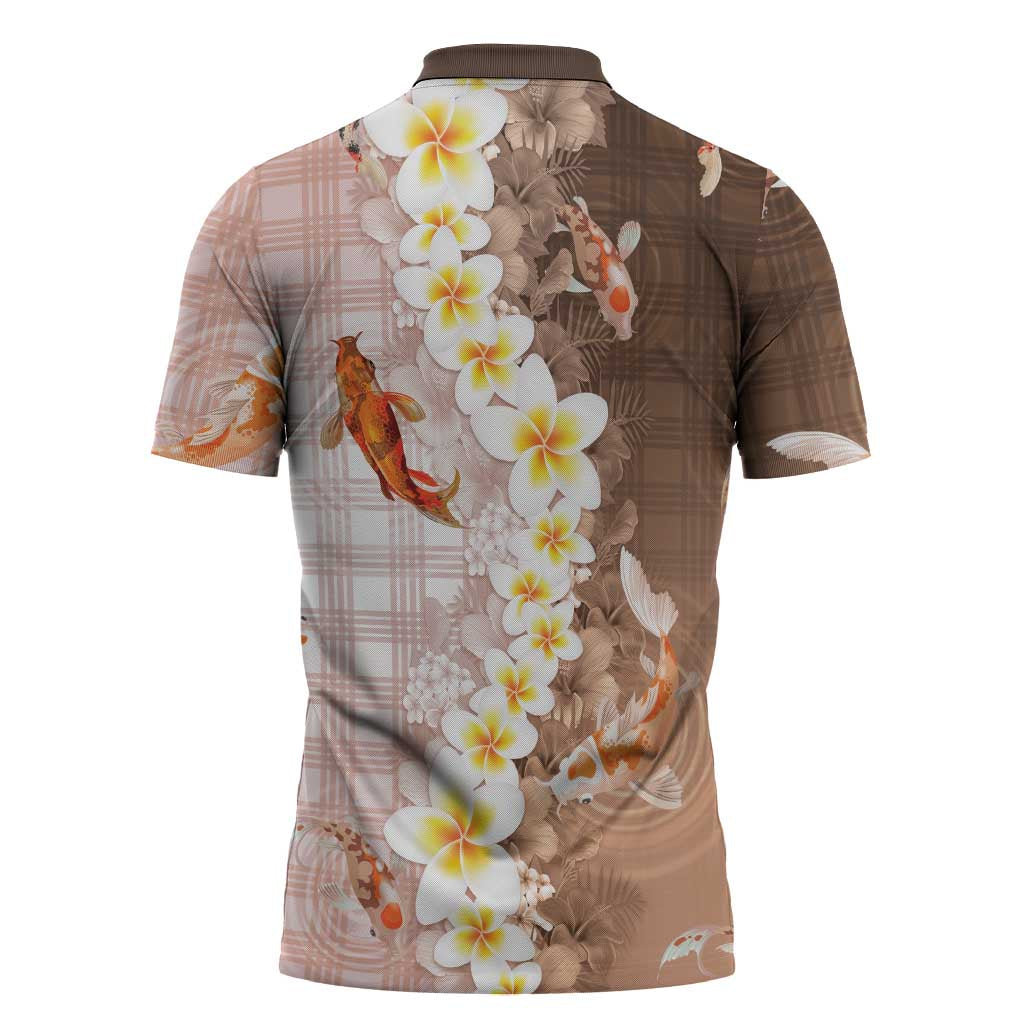 Hawaii And Japan Zipper Polo Shirt Plumeria Lei With Koi Fish Beige - Polynesian Pride