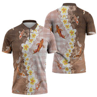 Hawaii And Japan Zipper Polo Shirt Plumeria Lei With Koi Fish Beige - Polynesian Pride