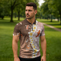 Hawaii And Japan Zipper Polo Shirt Plumeria Lei With Koi Fish Beige - Polynesian Pride