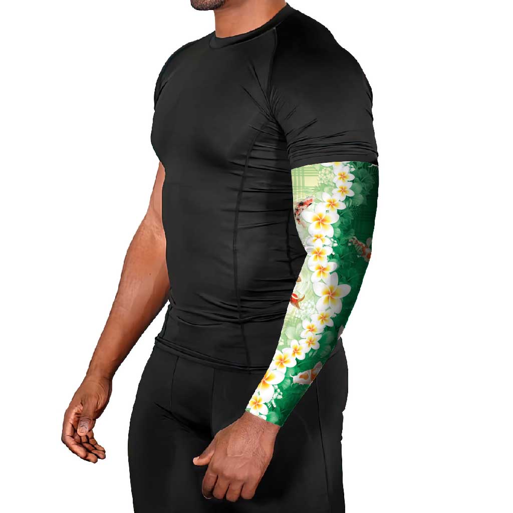 Hawaii And Japan Arm Sleeves Plumeria Lei With Koi Fish Green - Polynesian Pride