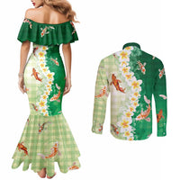 Hawaii And Japan Couples Matching Mermaid Dress and Long Sleeve Button Shirt Plumeria Lei With Koi Fish Green LT05 - Polynesian Pride