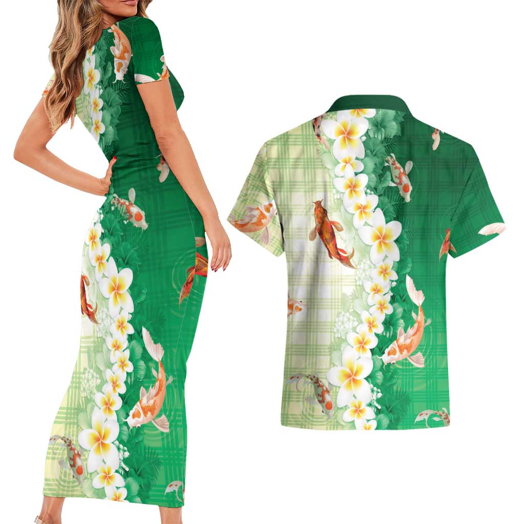 Hawaii And Japan Couples Matching Short Sleeve Bodycon Dress and Hawaiian Shirt Plumeria Lei With Koi Fish Green LT05 - Polynesian Pride