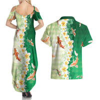 Hawaii And Japan Couples Matching Summer Maxi Dress and Hawaiian Shirt Plumeria Lei With Koi Fish Green LT05 - Polynesian Pride