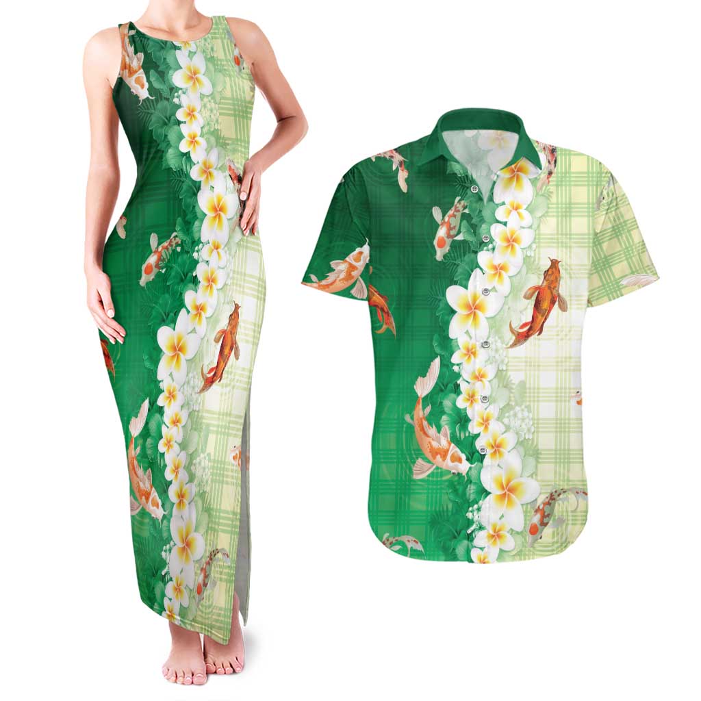 Hawaii And Japan Couples Matching Tank Maxi Dress and Hawaiian Shirt Plumeria Lei With Koi Fish Green - Polynesian Pride