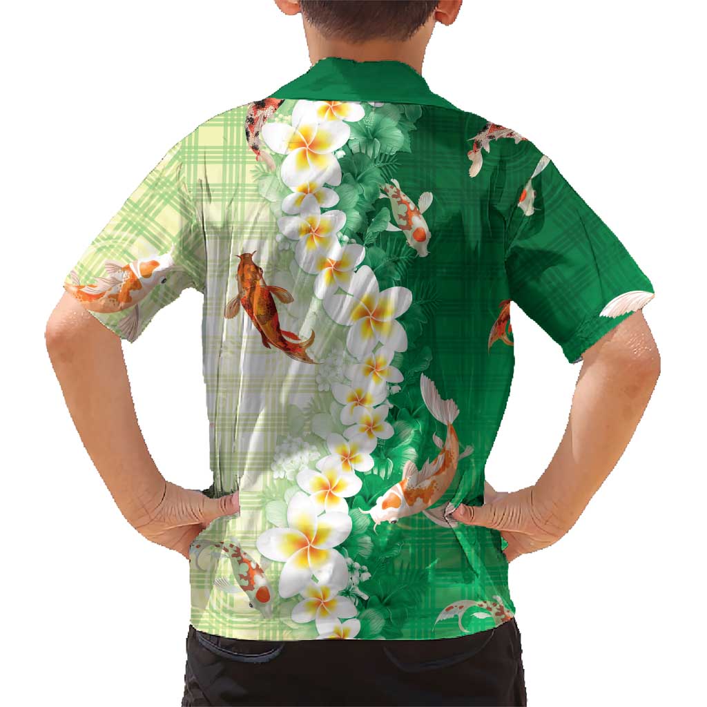 Hawaii And Japan Family Matching Long Sleeve Bodycon Dress and Hawaiian Shirt Plumeria Lei With Koi Fish Green - Polynesian Pride