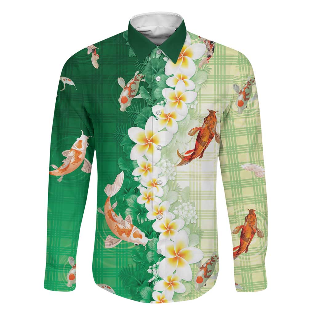 Hawaii And Japan Family Matching Off Shoulder Short Dress and Hawaiian Shirt Plumeria Lei With Koi Fish Green LT05 Dad's Shirt - Long Sleeve Green - Polynesian Pride