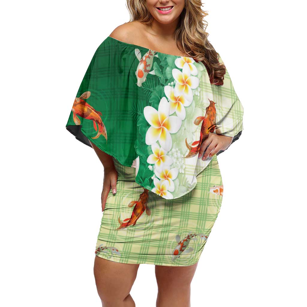 Hawaii And Japan Family Matching Off Shoulder Short Dress and Hawaiian Shirt Plumeria Lei With Koi Fish Green LT05 Mom's Dress Green - Polynesian Pride
