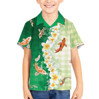 Hawaii And Japan Family Matching Off Shoulder Short Dress and Hawaiian Shirt Plumeria Lei With Koi Fish Green LT05 Son's Shirt Green - Polynesian Pride