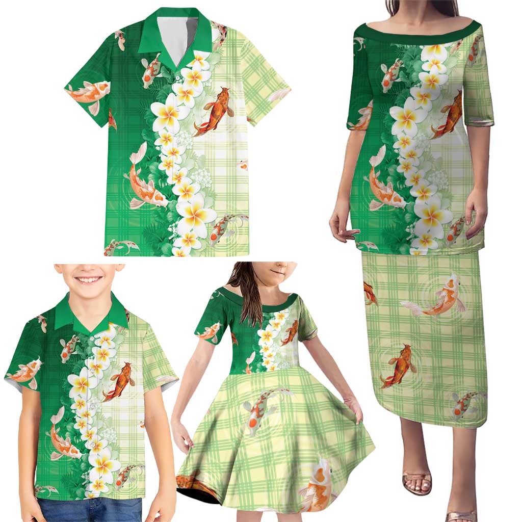 Hawaii And Japan Family Matching Puletasi and Hawaiian Shirt Plumeria Lei With Koi Fish Green - Polynesian Pride