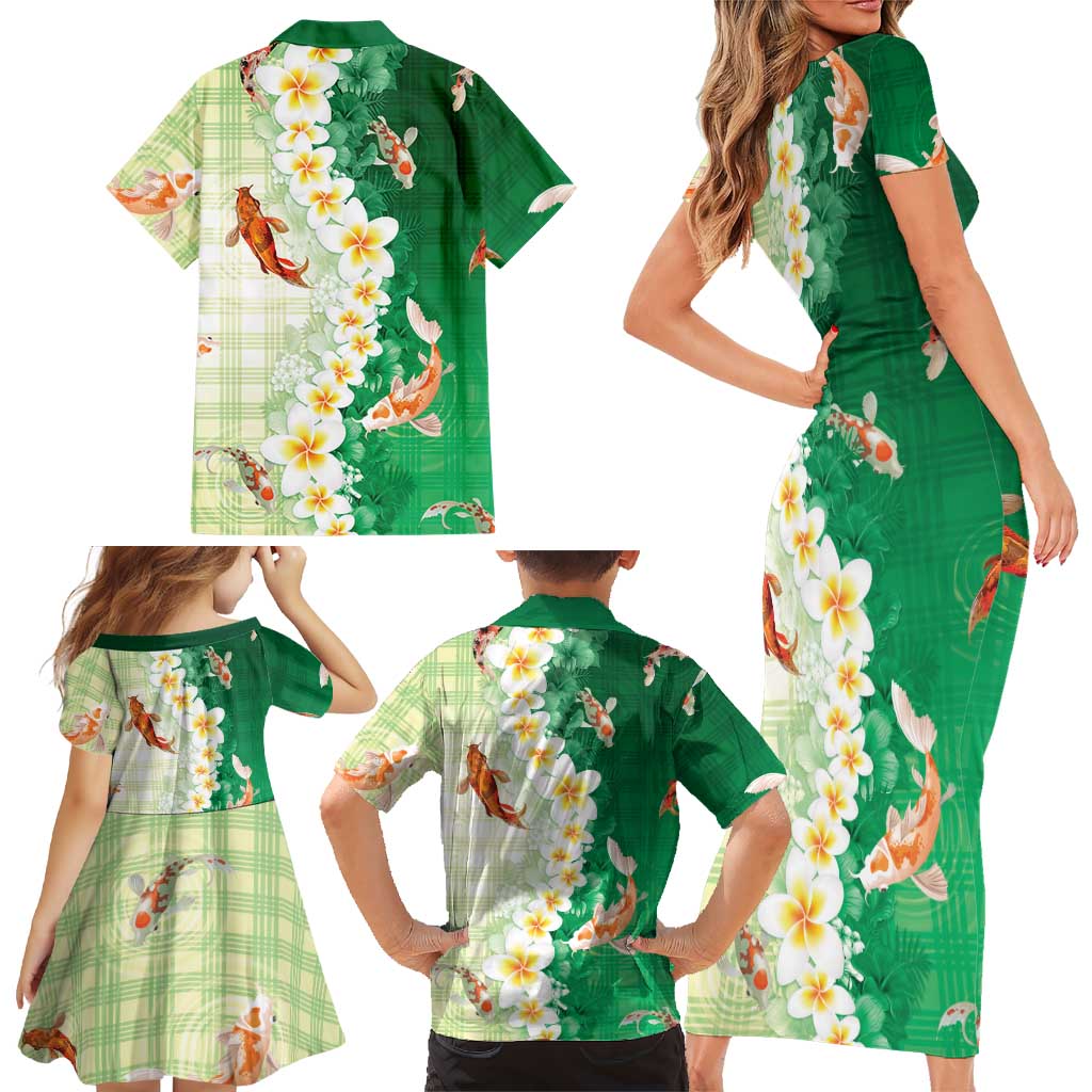 Hawaii And Japan Family Matching Short Sleeve Bodycon Dress and Hawaiian Shirt Plumeria Lei With Koi Fish Green - Polynesian Pride