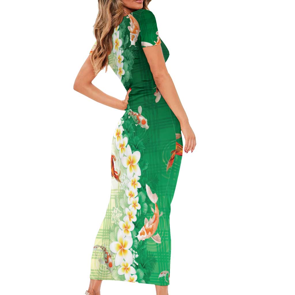 Hawaii And Japan Family Matching Short Sleeve Bodycon Dress and Hawaiian Shirt Plumeria Lei With Koi Fish Green - Polynesian Pride