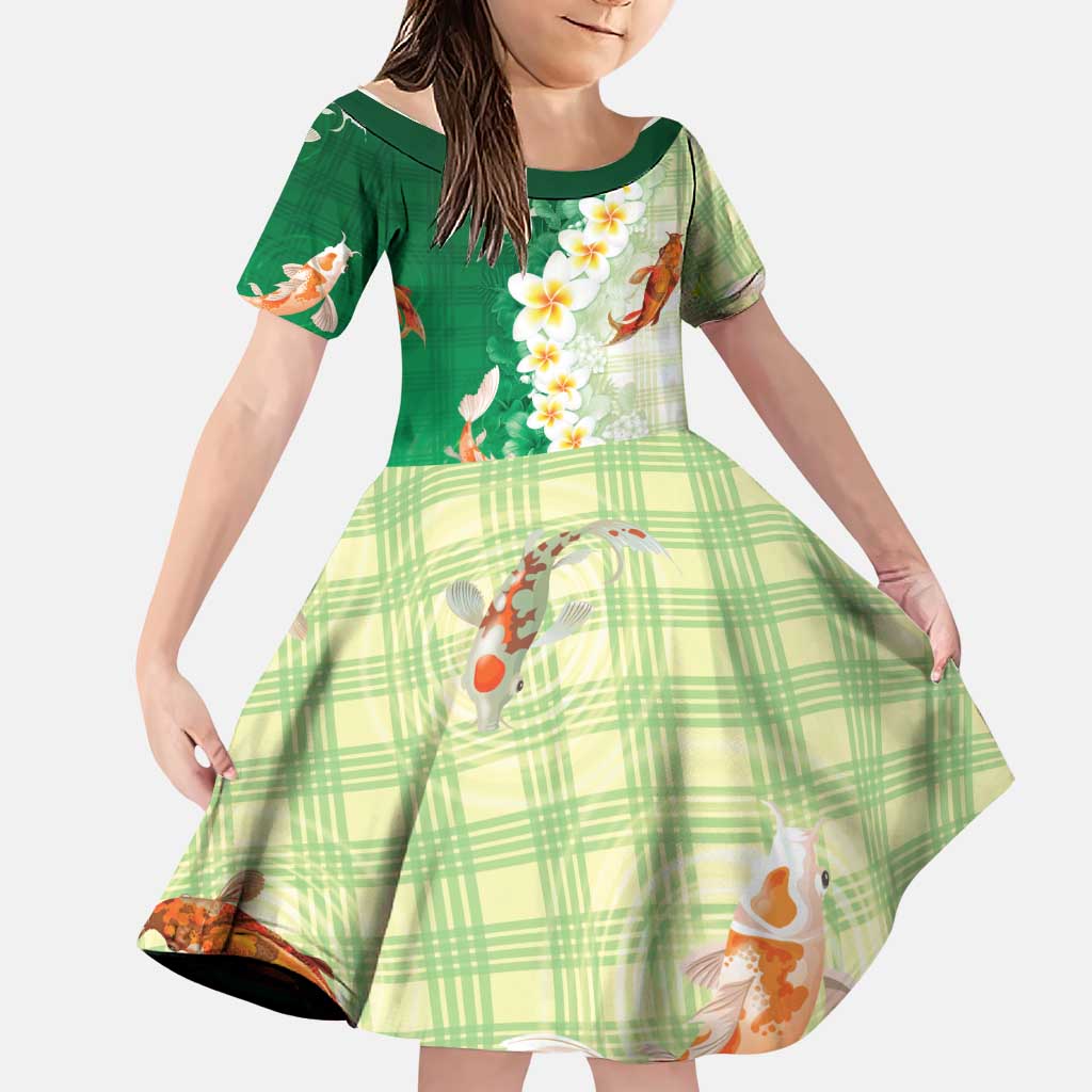 Hawaii And Japan Family Matching Summer Maxi Dress and Hawaiian Shirt Plumeria Lei With Koi Fish Green LT05 Daughter's Dress Green - Polynesian Pride