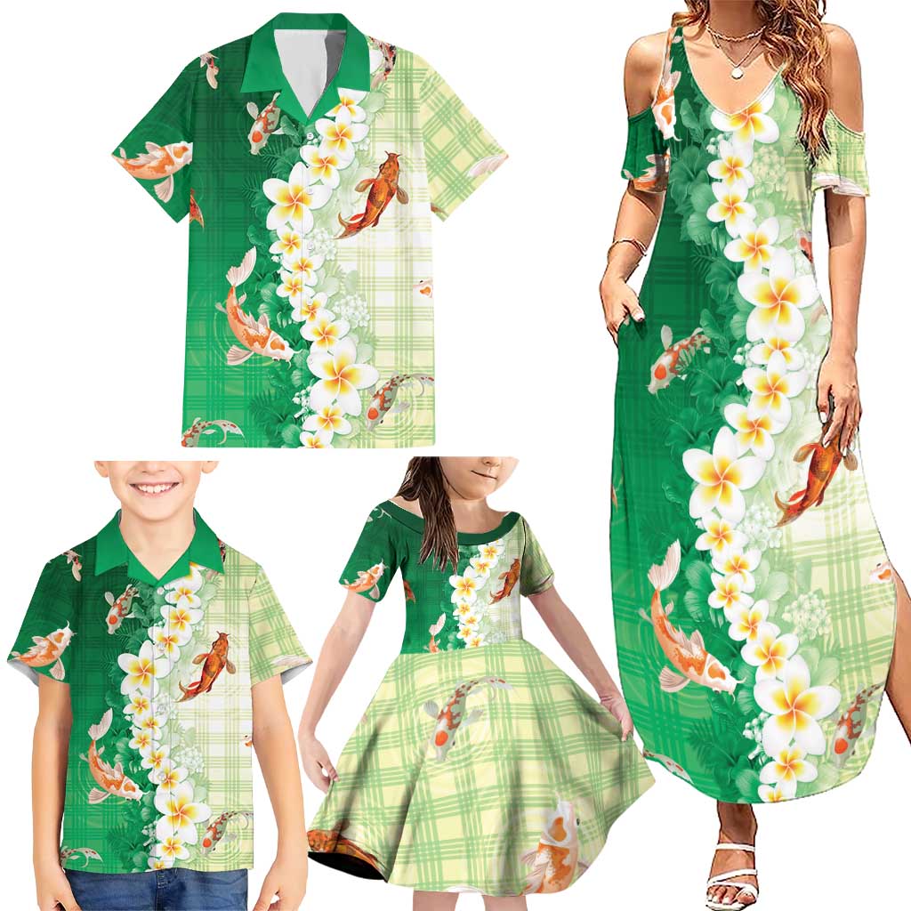 Hawaii And Japan Family Matching Summer Maxi Dress and Hawaiian Shirt Plumeria Lei With Koi Fish Green - Polynesian Pride