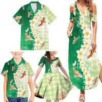 Hawaii And Japan Family Matching Summer Maxi Dress and Hawaiian Shirt Plumeria Lei With Koi Fish Green LT05 - Polynesian Pride