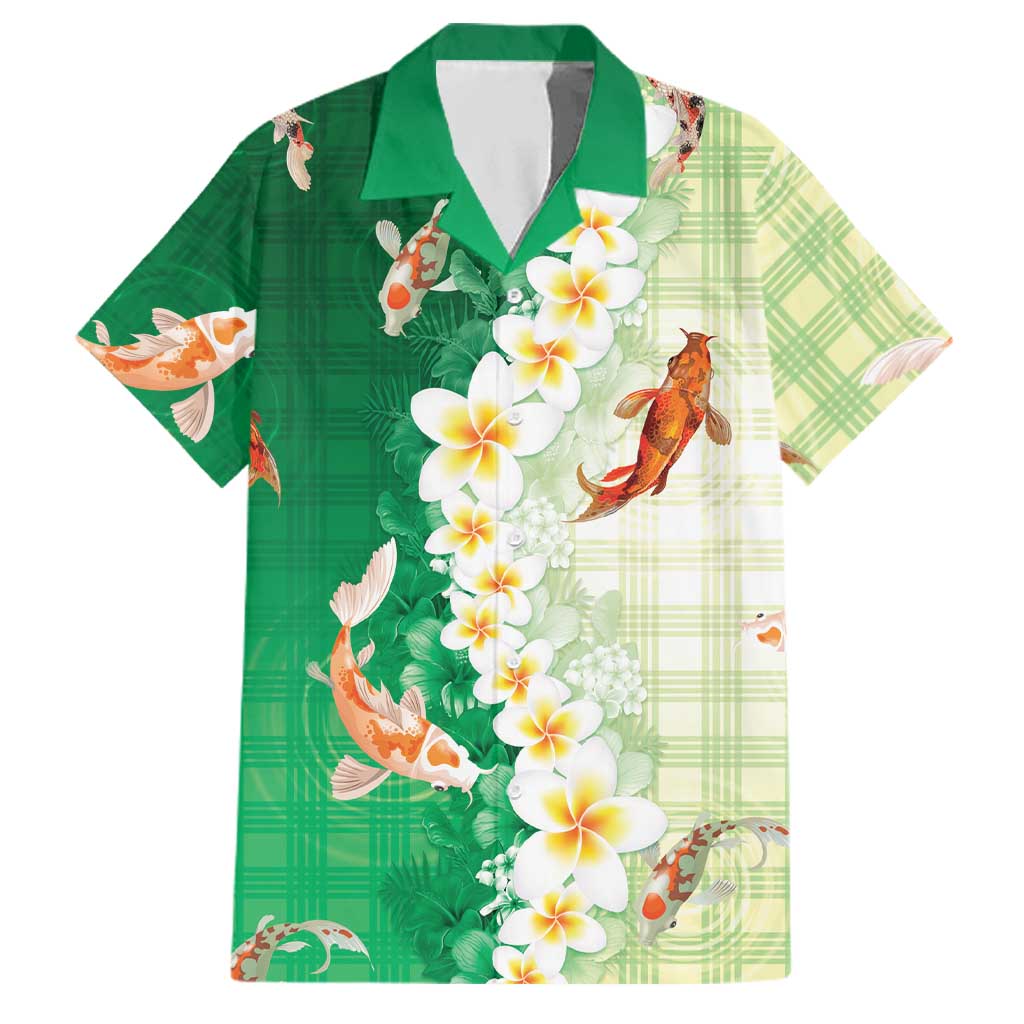 Hawaii And Japan Family Matching Summer Maxi Dress and Hawaiian Shirt Plumeria Lei With Koi Fish Green LT05 Dad's Shirt - Short Sleeve Green - Polynesian Pride