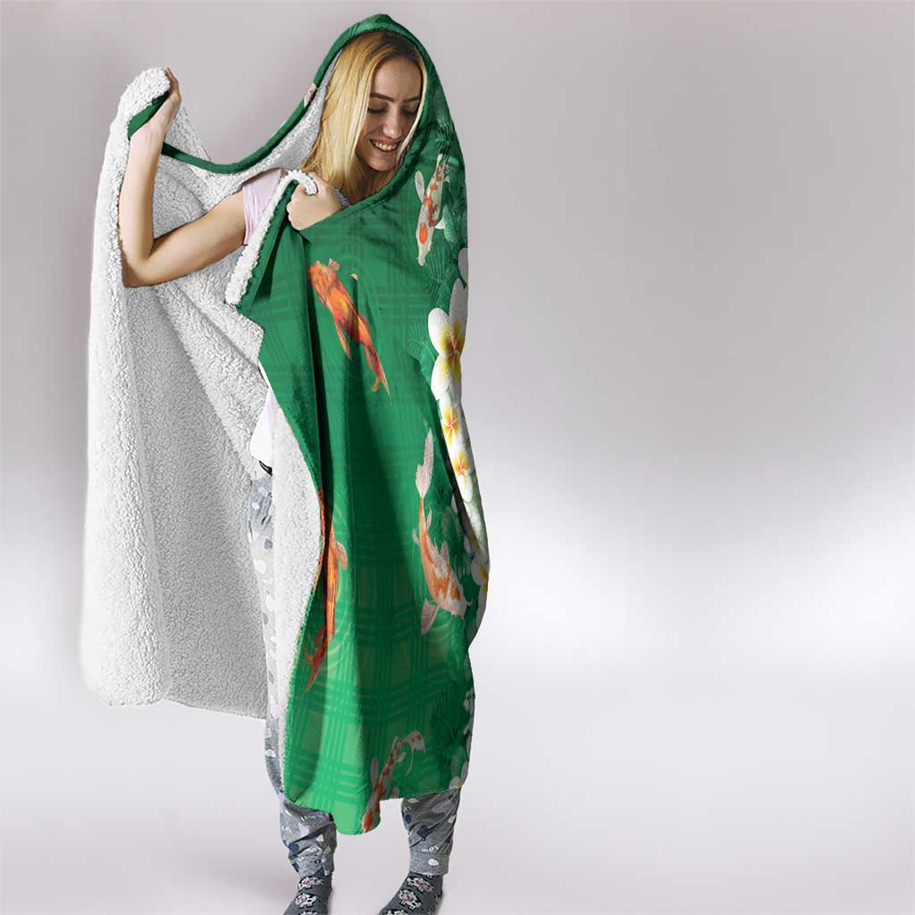 Hawaii And Japan Hooded Blanket Plumeria Lei With Koi Fish Green - Polynesian Pride