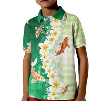 Hawaii And Japan Kid Polo Shirt Plumeria Lei With Koi Fish Green LT05 Kid Green - Polynesian Pride