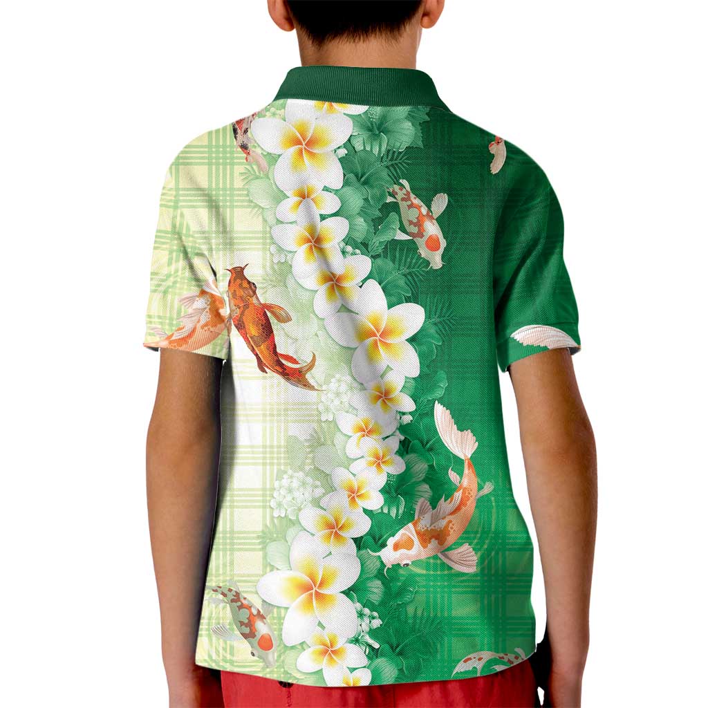 Hawaii And Japan Kid Polo Shirt Plumeria Lei With Koi Fish Green LT05 - Polynesian Pride