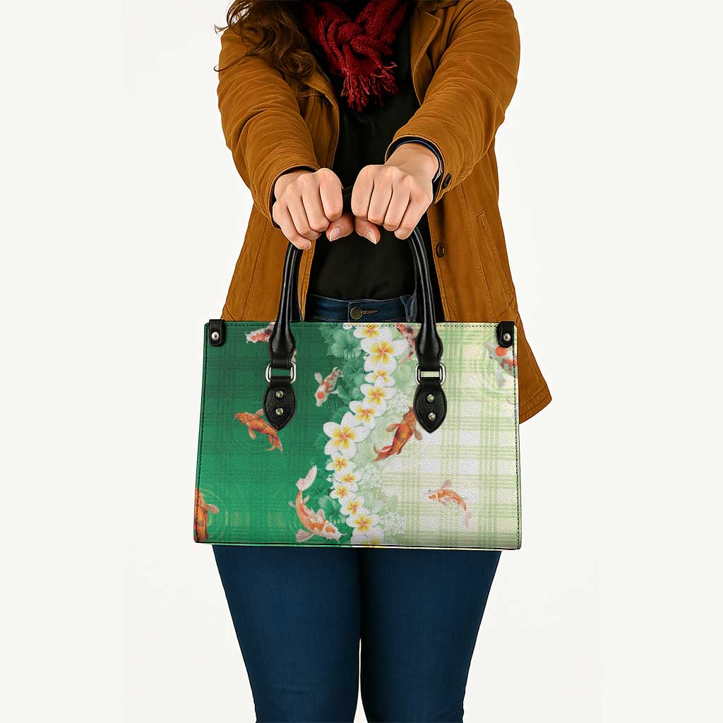Hawaii And Japan Leather Bag Plumeria Lei With Koi Fish Green LT05 - Polynesian Pride