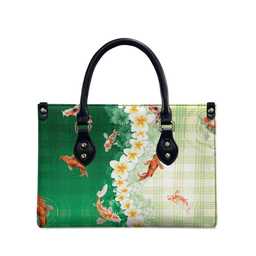Hawaii And Japan Leather Bag Plumeria Lei With Koi Fish Green LT05 - Polynesian Pride