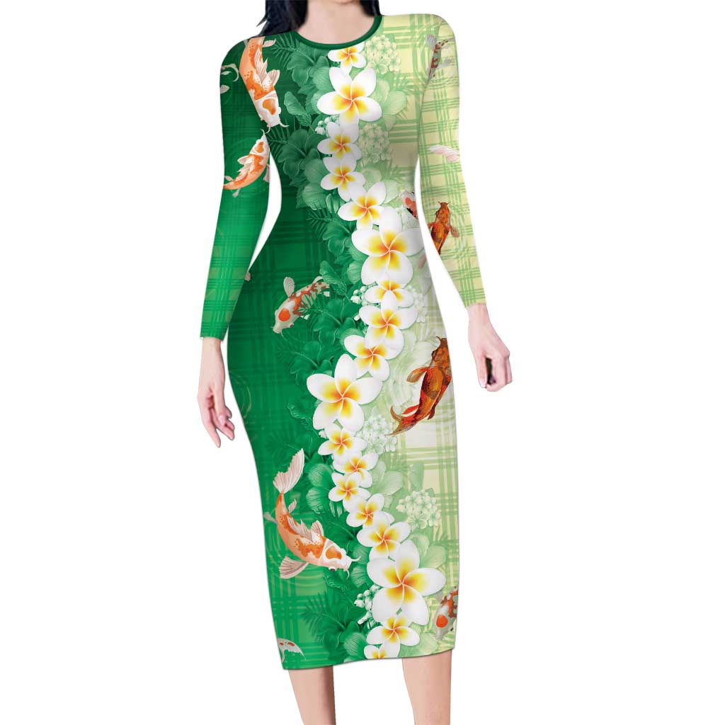 Hawaii And Japan Long Sleeve Bodycon Dress Plumeria Lei With Koi Fish Green - Polynesian Pride