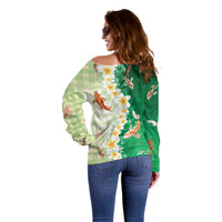 Hawaii And Japan Off Shoulder Sweater Plumeria Lei With Koi Fish Green LT05 - Polynesian Pride