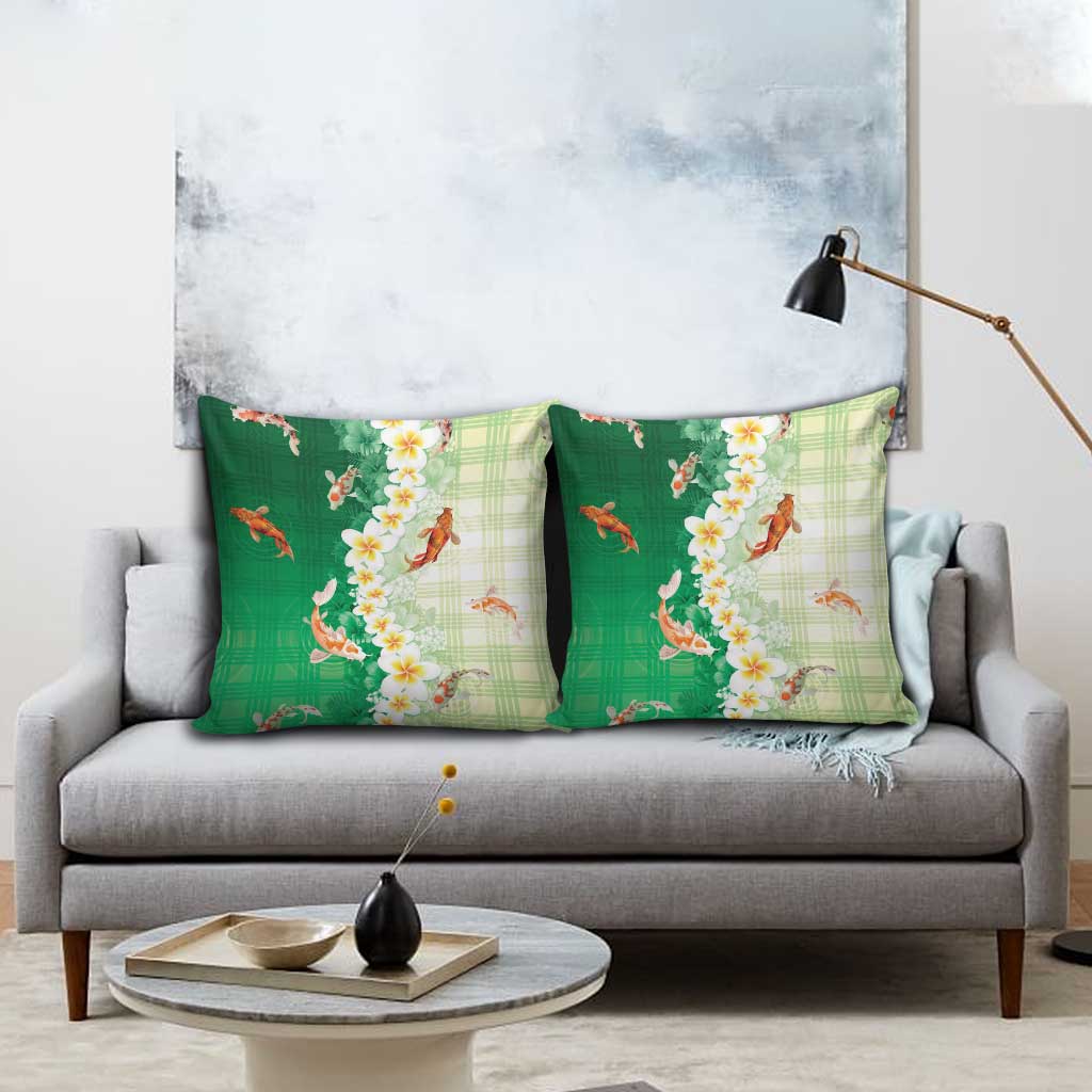 Hawaii And Japan Pillow Cover Plumeria Lei With Koi Fish Green LT05 - Polynesian Pride