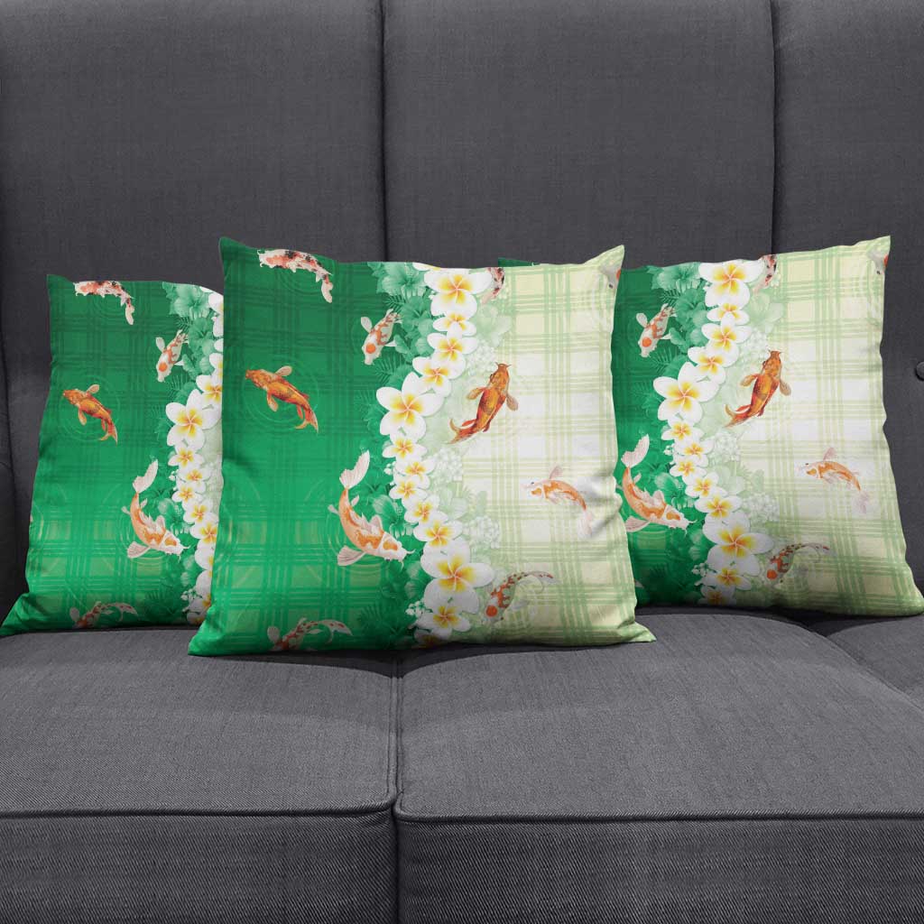 Hawaii And Japan Pillow Cover Plumeria Lei With Koi Fish Green LT05 - Polynesian Pride