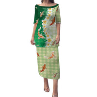Hawaii And Japan Puletasi Plumeria Lei With Koi Fish Green LT05 Long Dress Green - Polynesian Pride