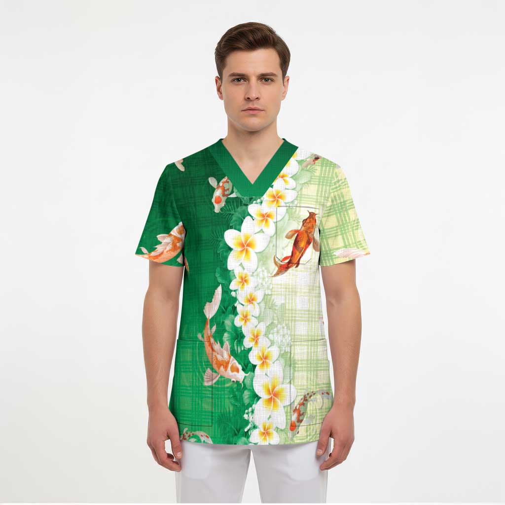 Hawaii And Japan Scrub Top Plumeria Lei With Koi Fish Green LT05 - Polynesian Pride