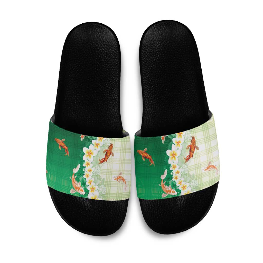 Hawaii And Japan Slide Sandals Plumeria Lei With Koi Fish Green LT05 Green - Polynesian Pride