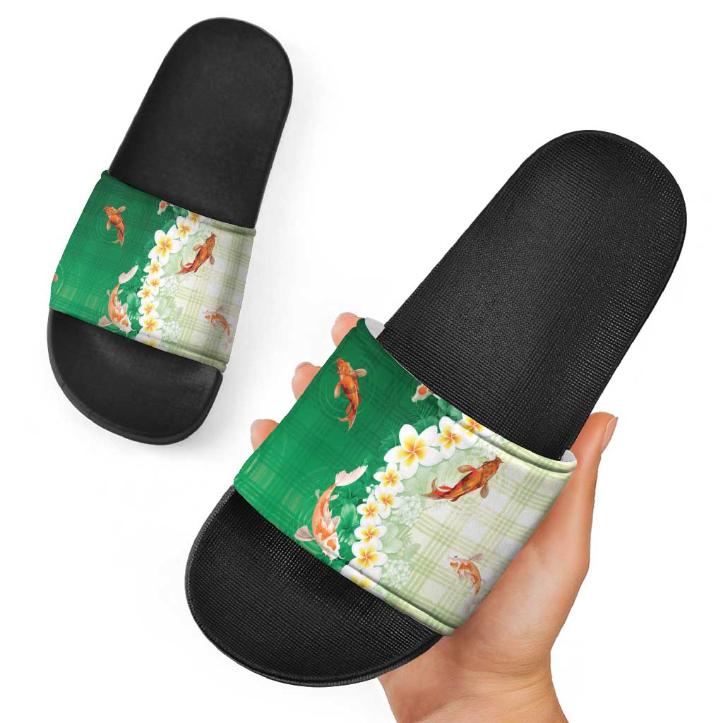 Hawaii And Japan Slide Sandals Plumeria Lei With Koi Fish Green LT05 - Polynesian Pride