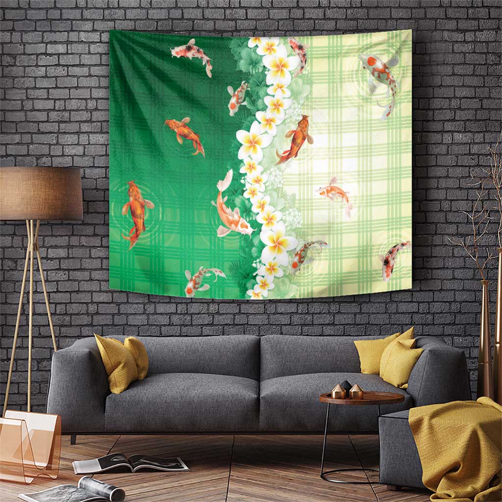 Hawaii And Japan Tapestry Plumeria Lei With Koi Fish Green LT05 Green - Polynesian Pride