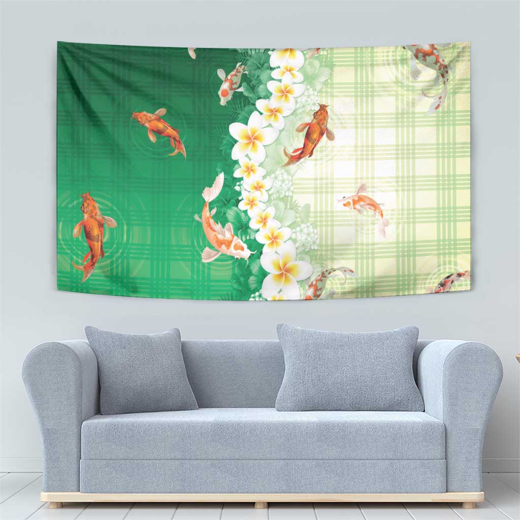 Hawaii And Japan Tapestry Plumeria Lei With Koi Fish Green LT05 - Polynesian Pride