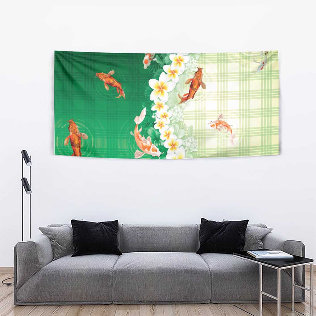 Hawaii And Japan Tapestry Plumeria Lei With Koi Fish Green LT05 - Polynesian Pride