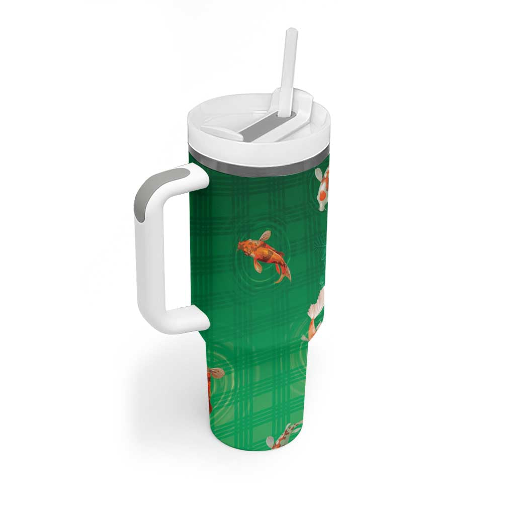 Hawaii And Japan Tumbler With Handle Plumeria Lei With Koi Fish Green - Polynesian Pride