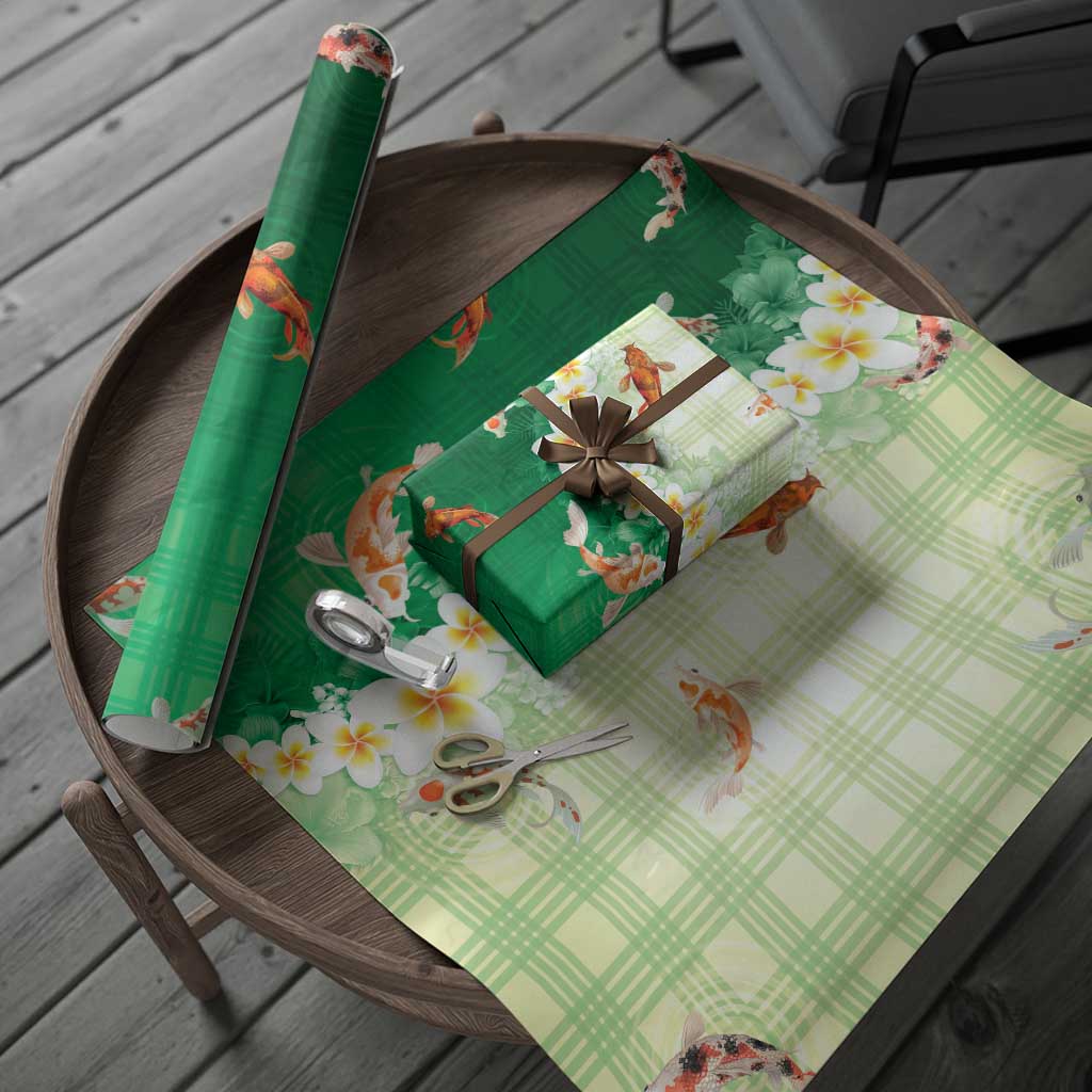Hawaii And Japan Wrapping Paper Plumeria Lei With Koi Fish Green