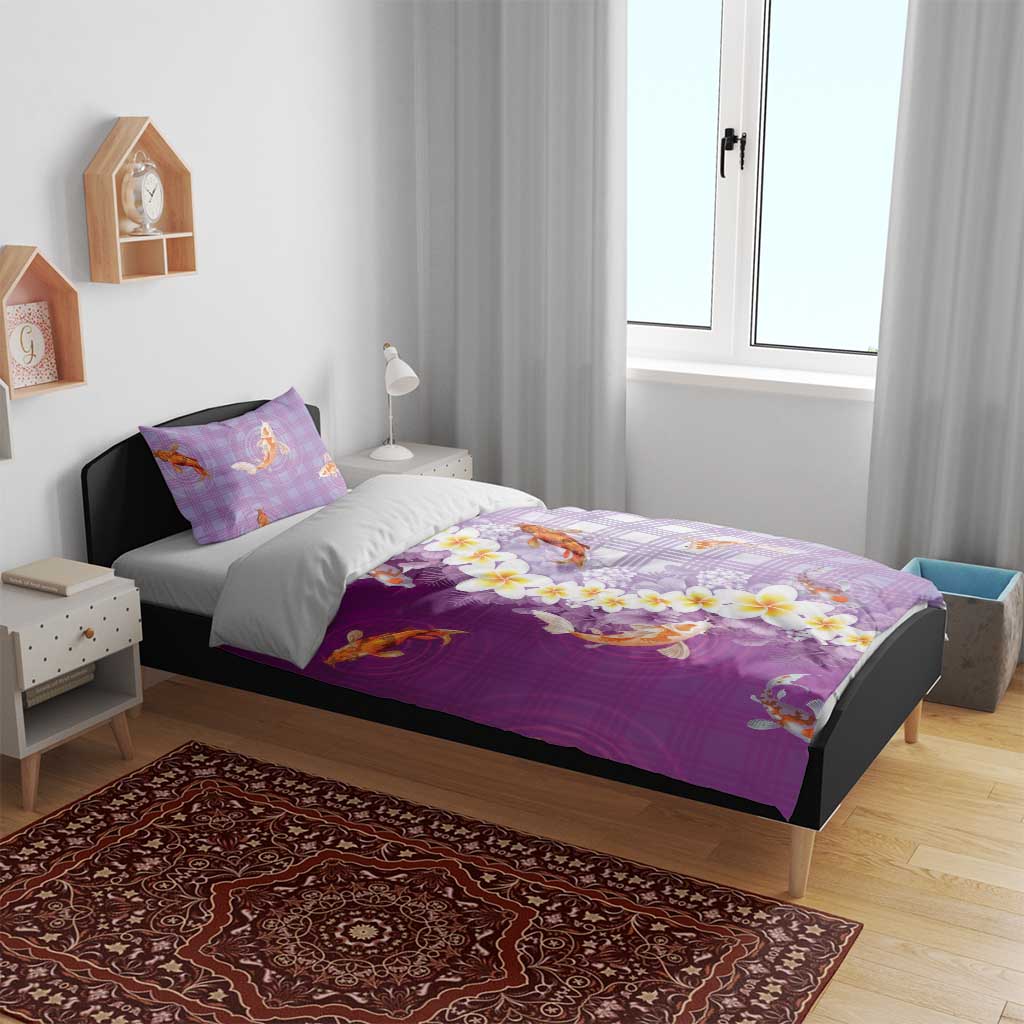 Hawaii And Japan Bedding Set Plumeria Lei With Koi Fish Purple - Polynesian Pride