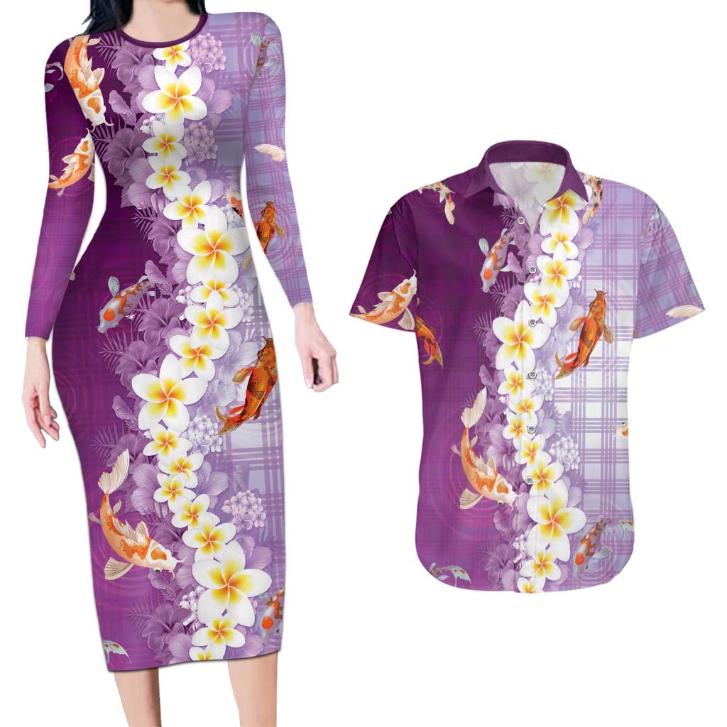 Hawaii And Japan Couples Matching Long Sleeve Bodycon Dress and Hawaiian Shirt Plumeria Lei With Koi Fish Purple - Polynesian Pride
