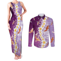 Hawaii And Japan Couples Matching Tank Maxi Dress and Long Sleeve Button Shirt Plumeria Lei With Koi Fish Purple LT05 Purple - Polynesian Pride