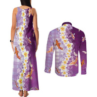 Hawaii And Japan Couples Matching Tank Maxi Dress and Long Sleeve Button Shirt Plumeria Lei With Koi Fish Purple LT05 - Polynesian Pride