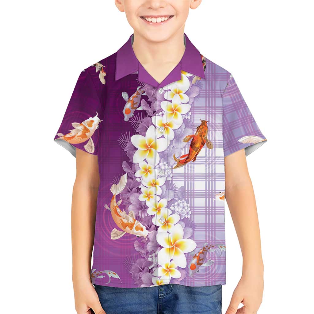 Hawaii And Japan Family Matching Off The Shoulder Long Sleeve Dress and Hawaiian Shirt Plumeria Lei With Koi Fish Purple LT05 Son's Shirt Purple - Polynesian Pride