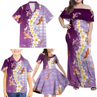 Hawaii And Japan Family Matching Off Shoulder Maxi Dress and Hawaiian Shirt Plumeria Lei With Koi Fish Purple LT05 - Polynesian Pride