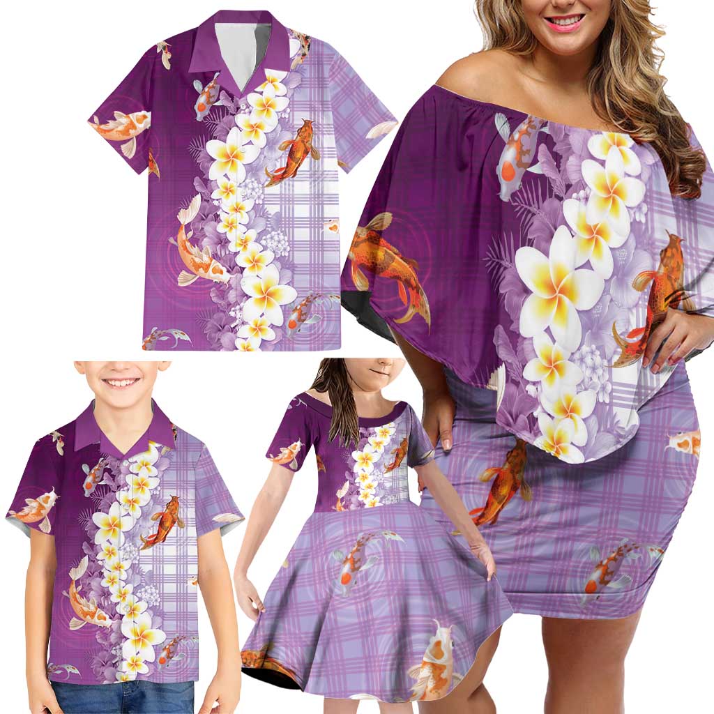Hawaii And Japan Family Matching Off Shoulder Short Dress and Hawaiian Shirt Plumeria Lei With Koi Fish Purple - Polynesian Pride