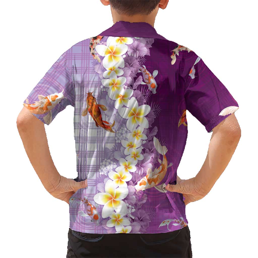 Hawaii And Japan Family Matching Puletasi and Hawaiian Shirt Plumeria Lei With Koi Fish Purple LT05 - Polynesian Pride