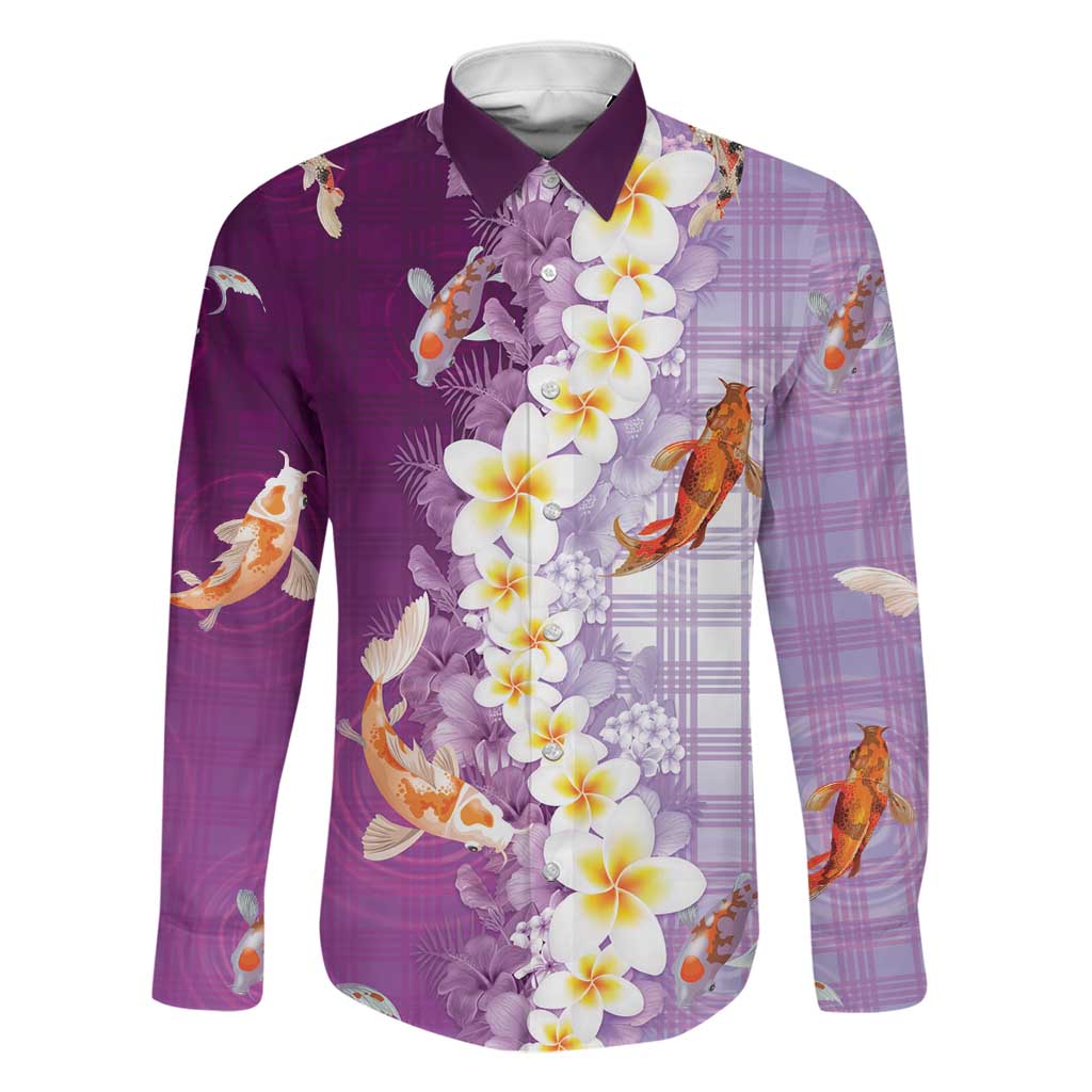Hawaii And Japan Family Matching Puletasi and Hawaiian Shirt Plumeria Lei With Koi Fish Purple LT05 Dad's Shirt - Long Sleeve Purple - Polynesian Pride