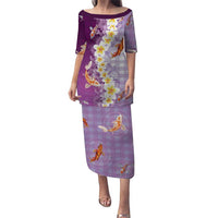 Hawaii And Japan Family Matching Puletasi and Hawaiian Shirt Plumeria Lei With Koi Fish Purple LT05 Mom's Dress Purple - Polynesian Pride