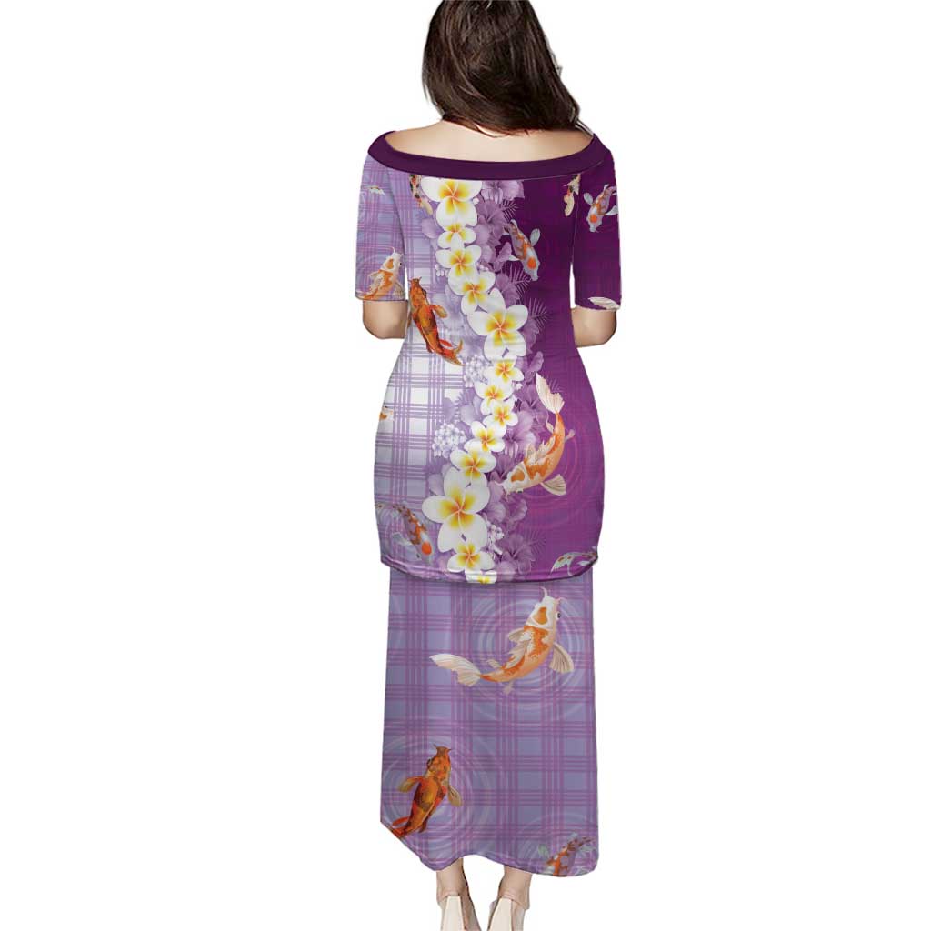 Hawaii And Japan Family Matching Puletasi and Hawaiian Shirt Plumeria Lei With Koi Fish Purple LT05 - Polynesian Pride
