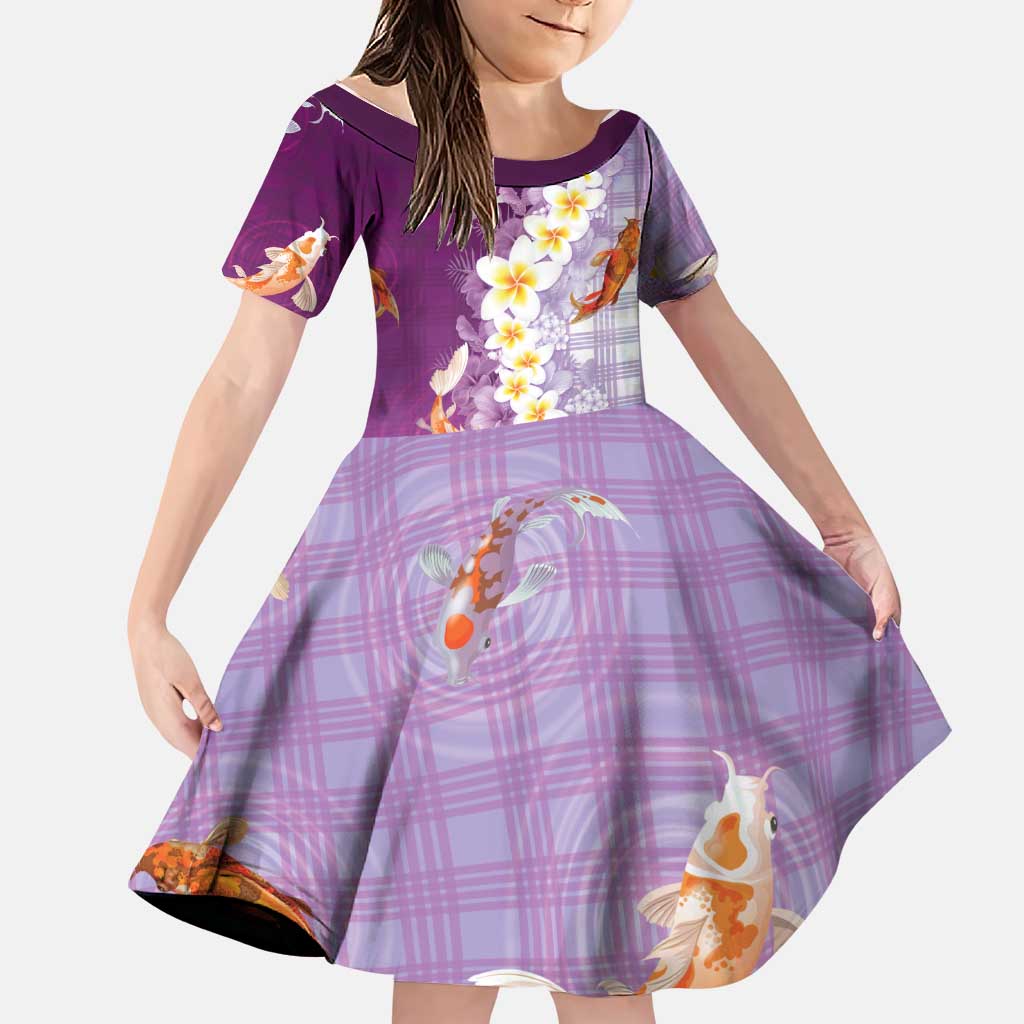 Hawaii And Japan Family Matching Summer Maxi Dress and Hawaiian Shirt Plumeria Lei With Koi Fish Purple LT05 Daughter's Dress Purple - Polynesian Pride