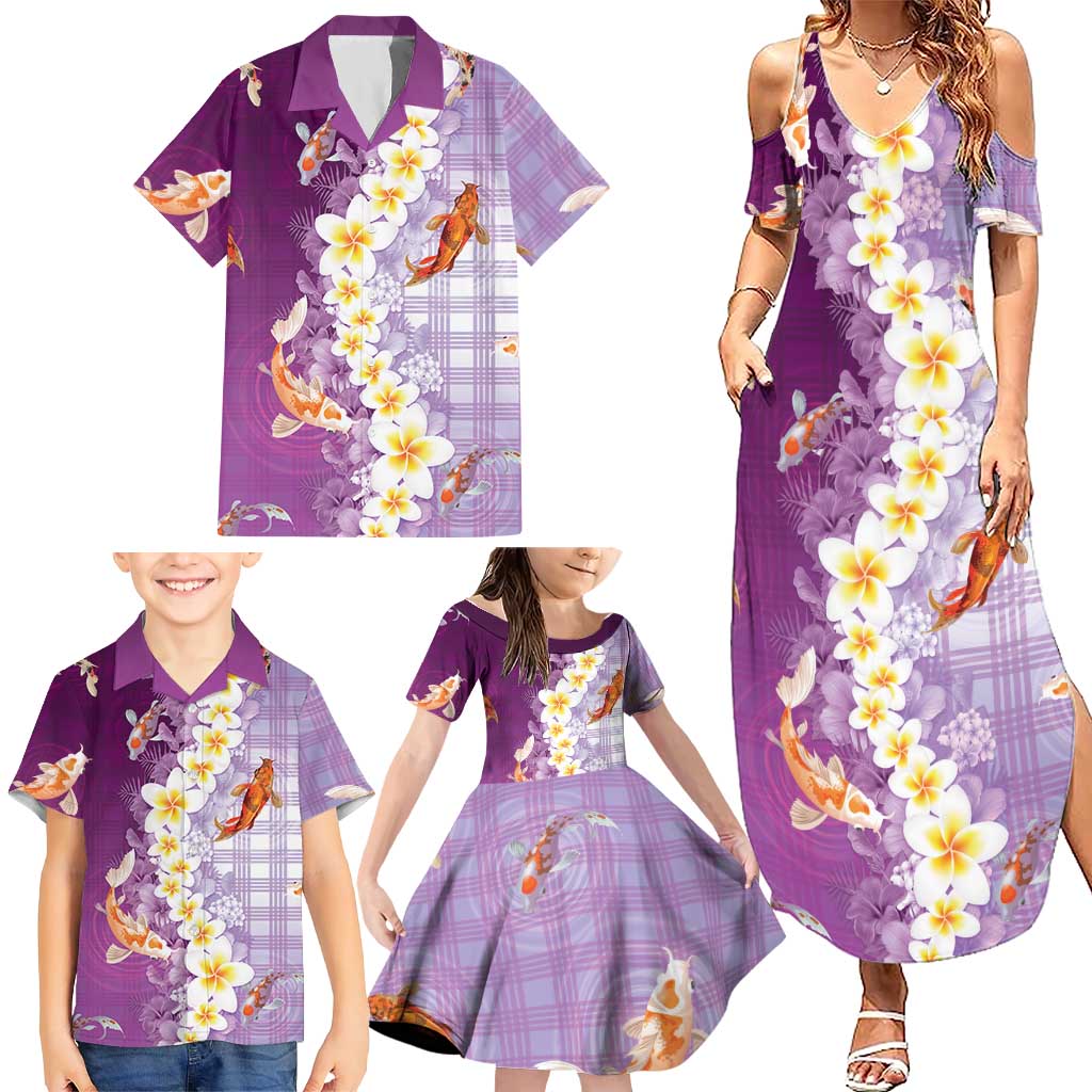 Hawaii And Japan Family Matching Summer Maxi Dress and Hawaiian Shirt Plumeria Lei With Koi Fish Purple - Polynesian Pride